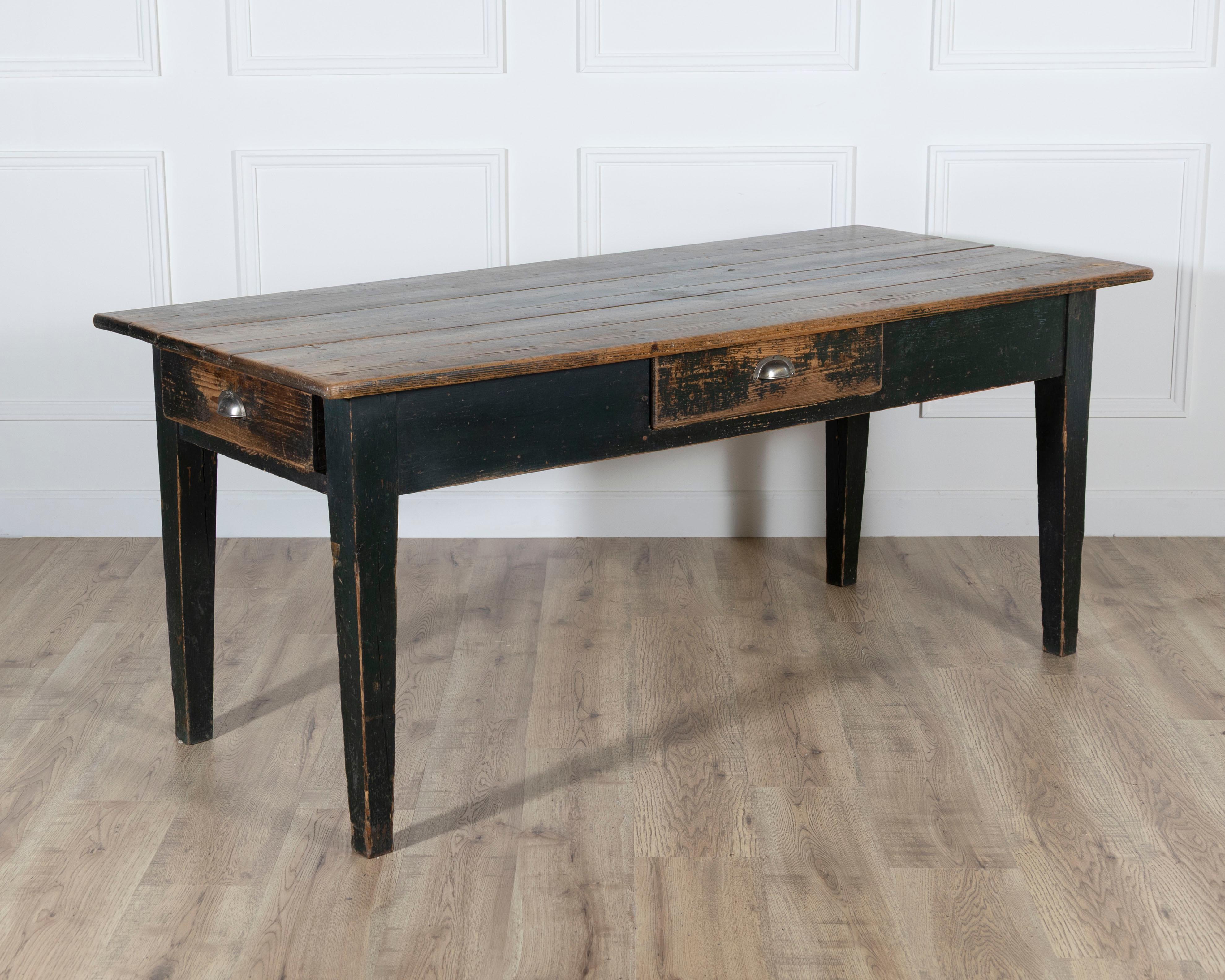 Pine Swedish Antique Country Kitchen Table with Drawers, 19th Century For Sale