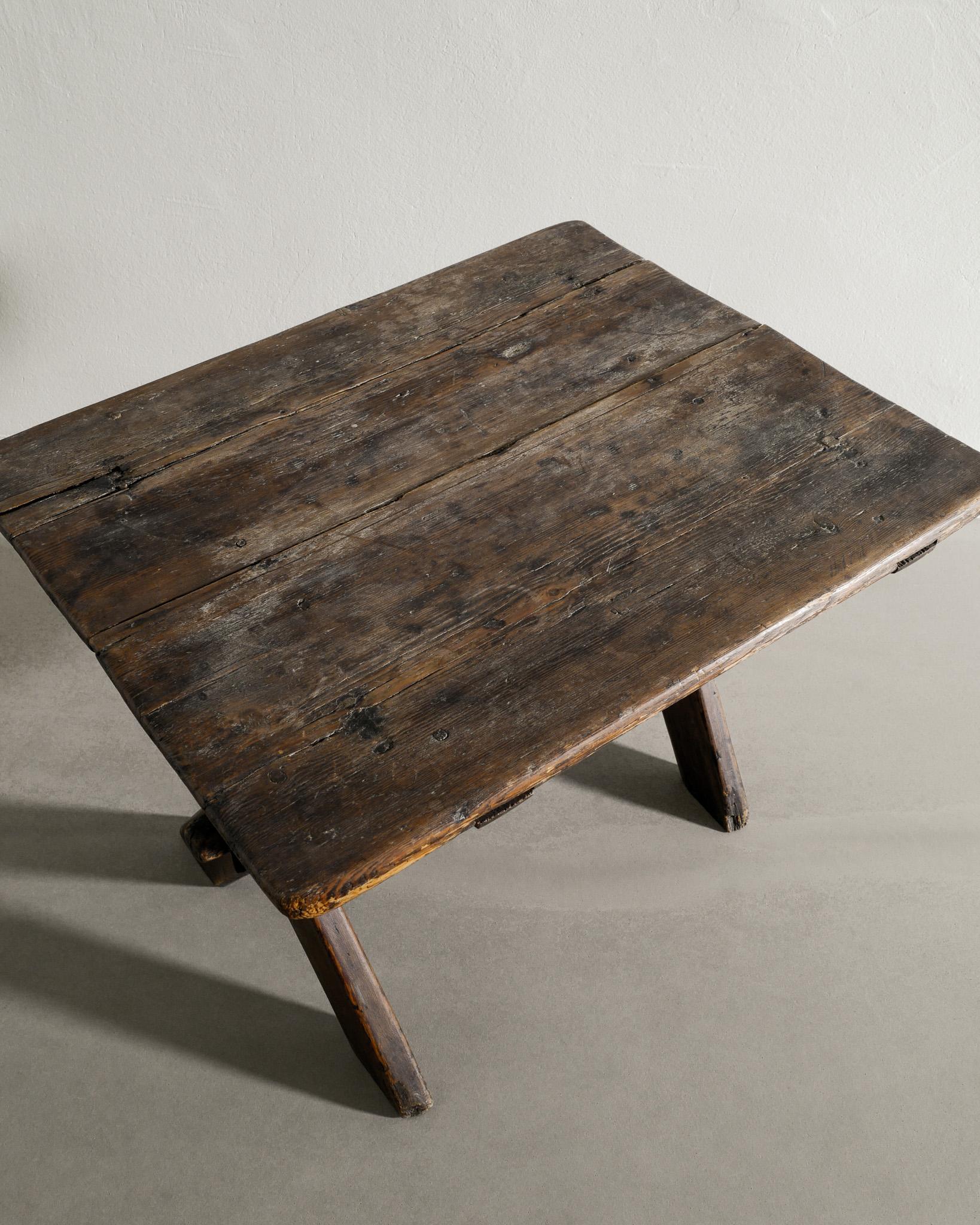 Swedish Antique Dark Wooden Pine Table with Crossed Legs Produced Late, 1800s  1
