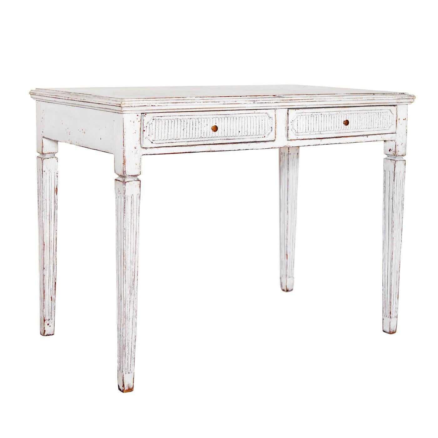 Painted Swedish Antique Gustavian Console Table Desk Grey White Carved Detail 1850-1870 For Sale