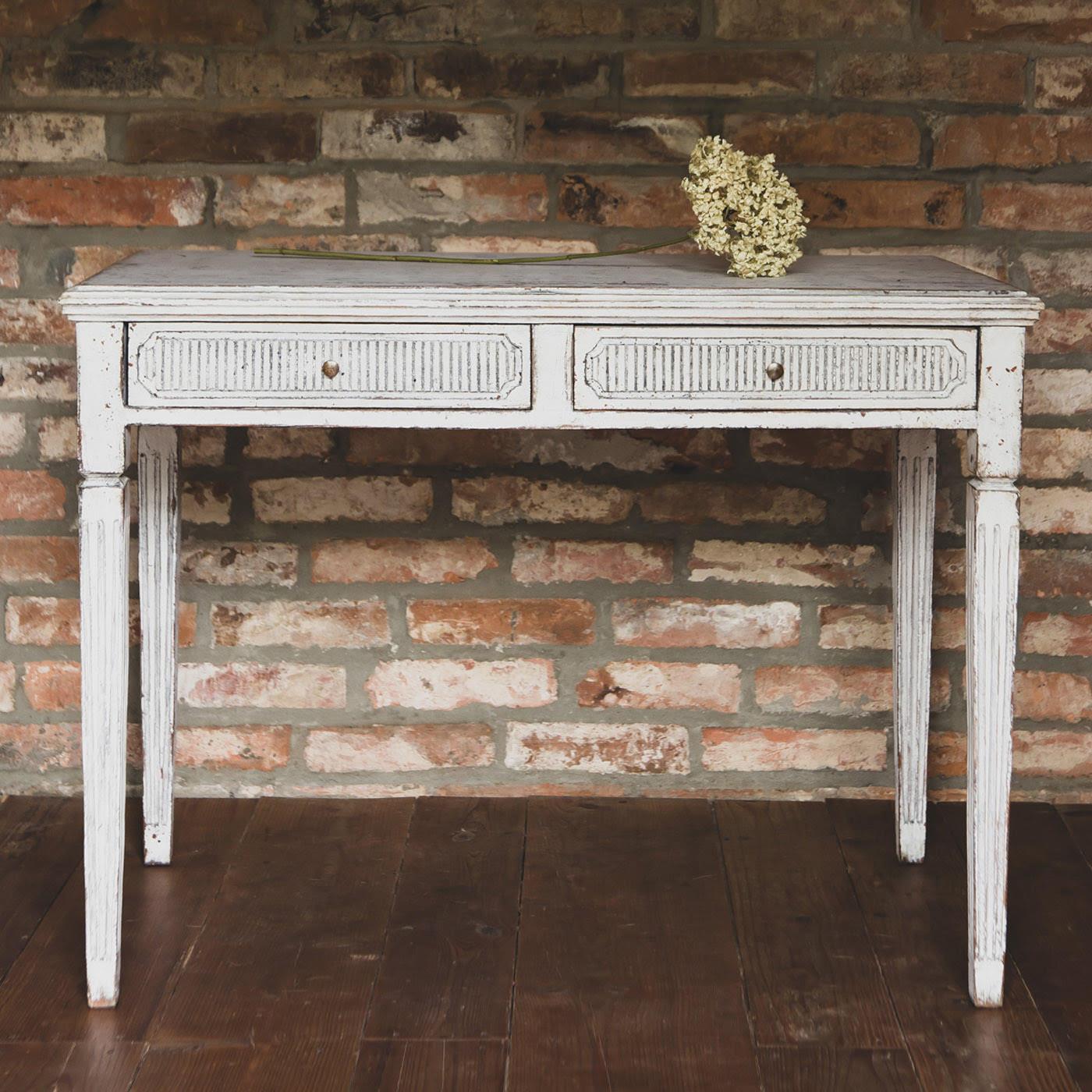 Swedish Antique Gustavian Console Table Desk Grey White Carved Detail 1850-1870 In Good Condition For Sale In LONDON, GB