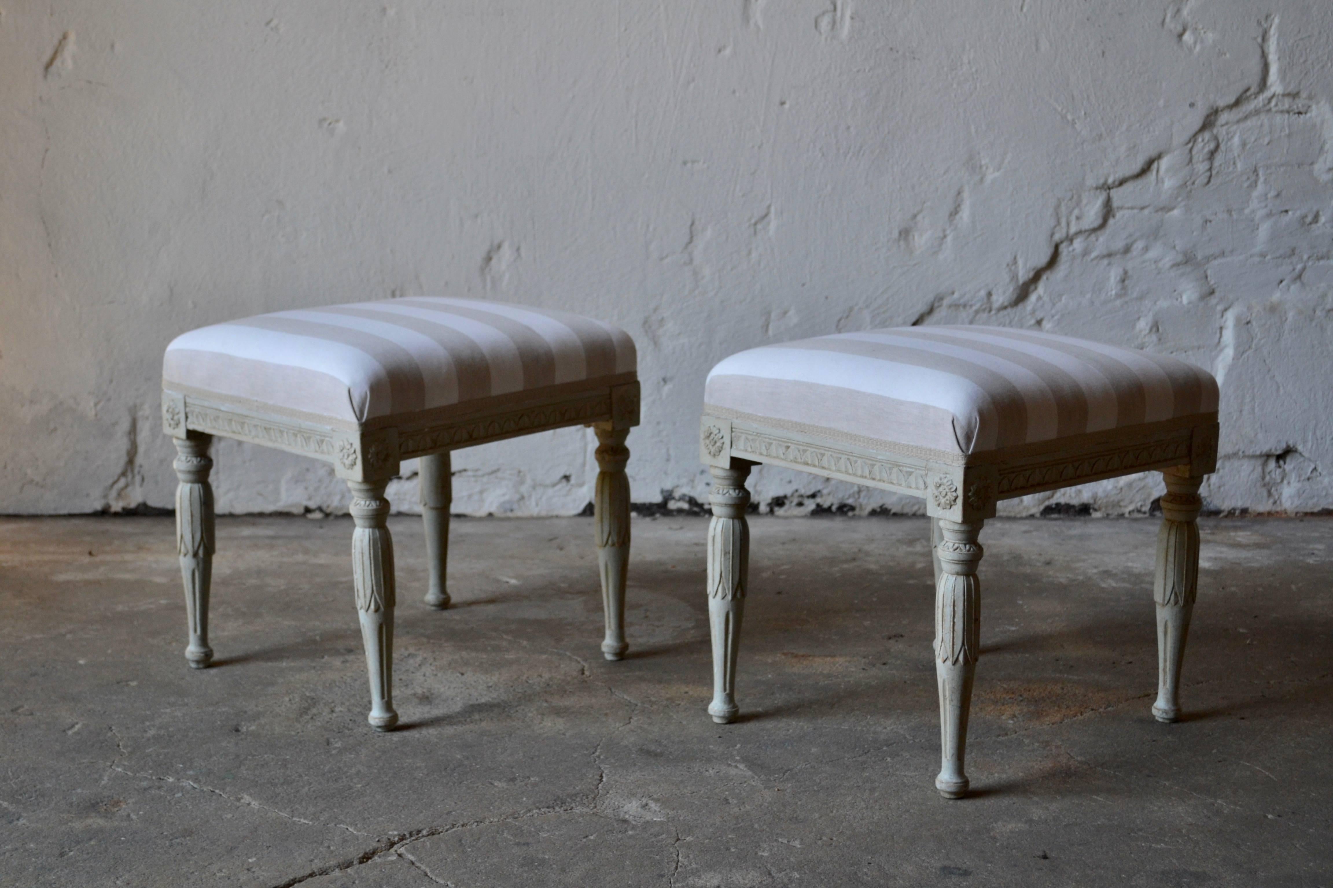 Swedish antique Gustavian footstools, circa 1820 with
original upholstery and new high quality textile.
    