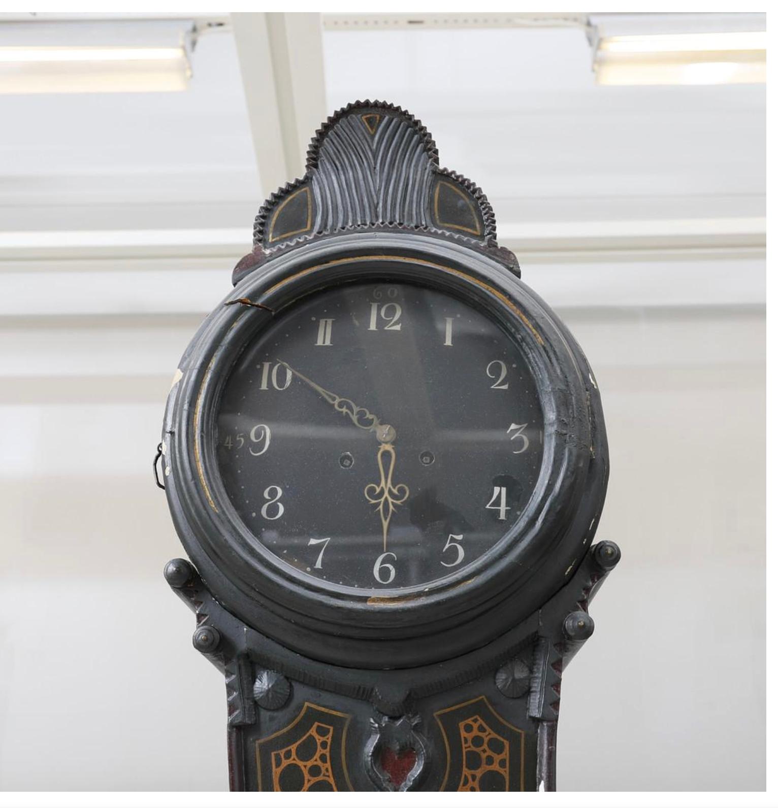 19th Century Swedish Antique Mora Clock Blue 1815 Carved Detail Birds For Sale