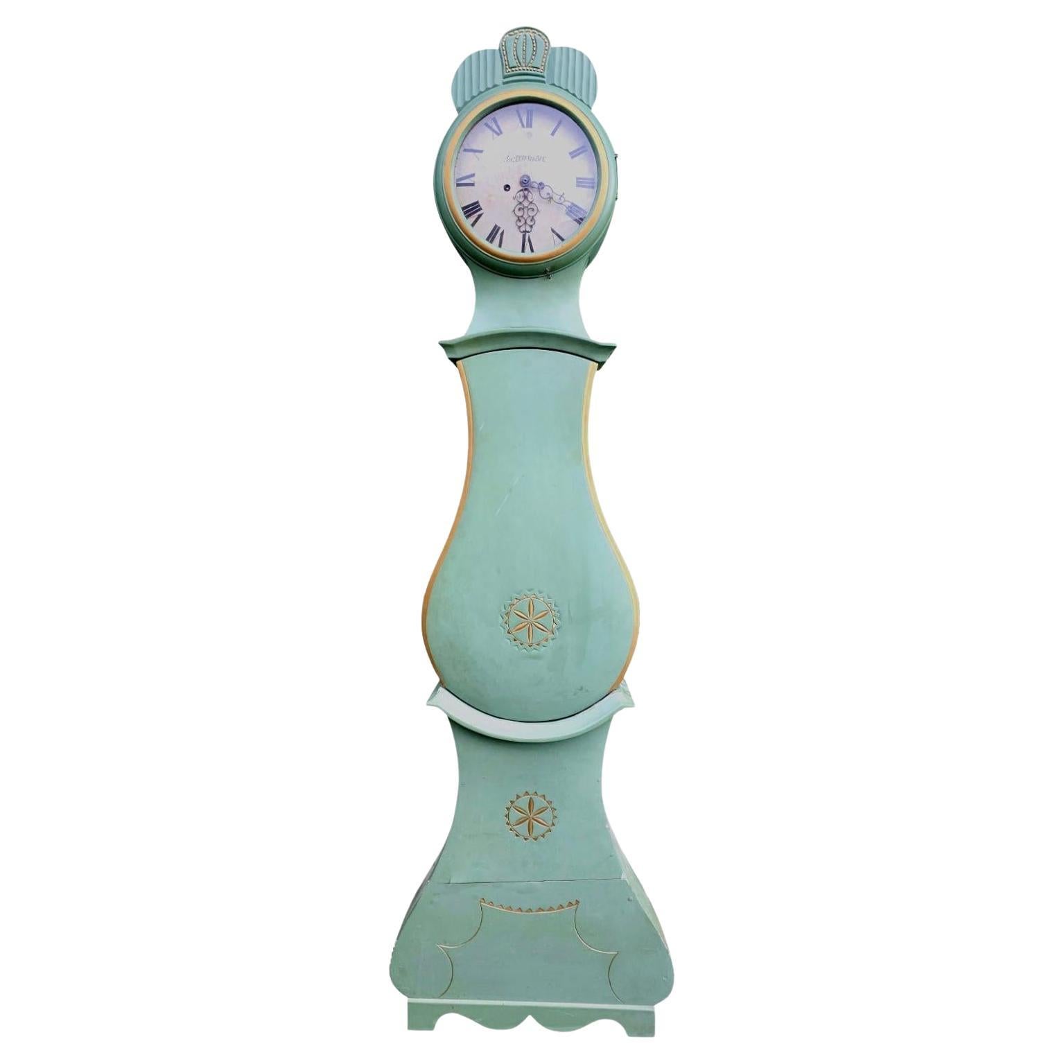 Swedish  Antique Mora Clock Fryksdall Green Gold 1800s Gustavian Ekerstrom A For Sale