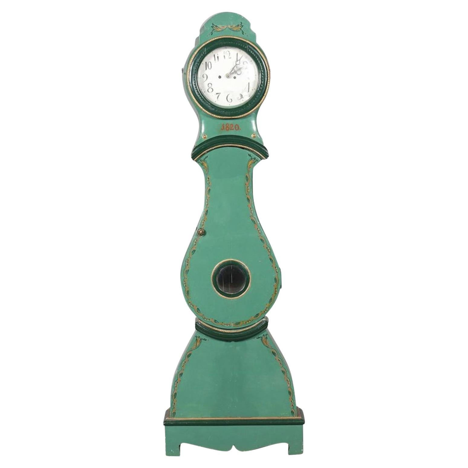 Schwedische antike Mora-Uhr, Grün, frühe 1800er Jahre 192 cm