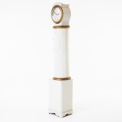 Swedish Antique Mora Clock White Early 1800s Carved Base Column Gustavian 237cm