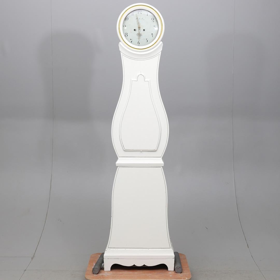 Early Victorian Swedish Antique Mora Clock White Early 1800s Carved Detail 203cm For Sale