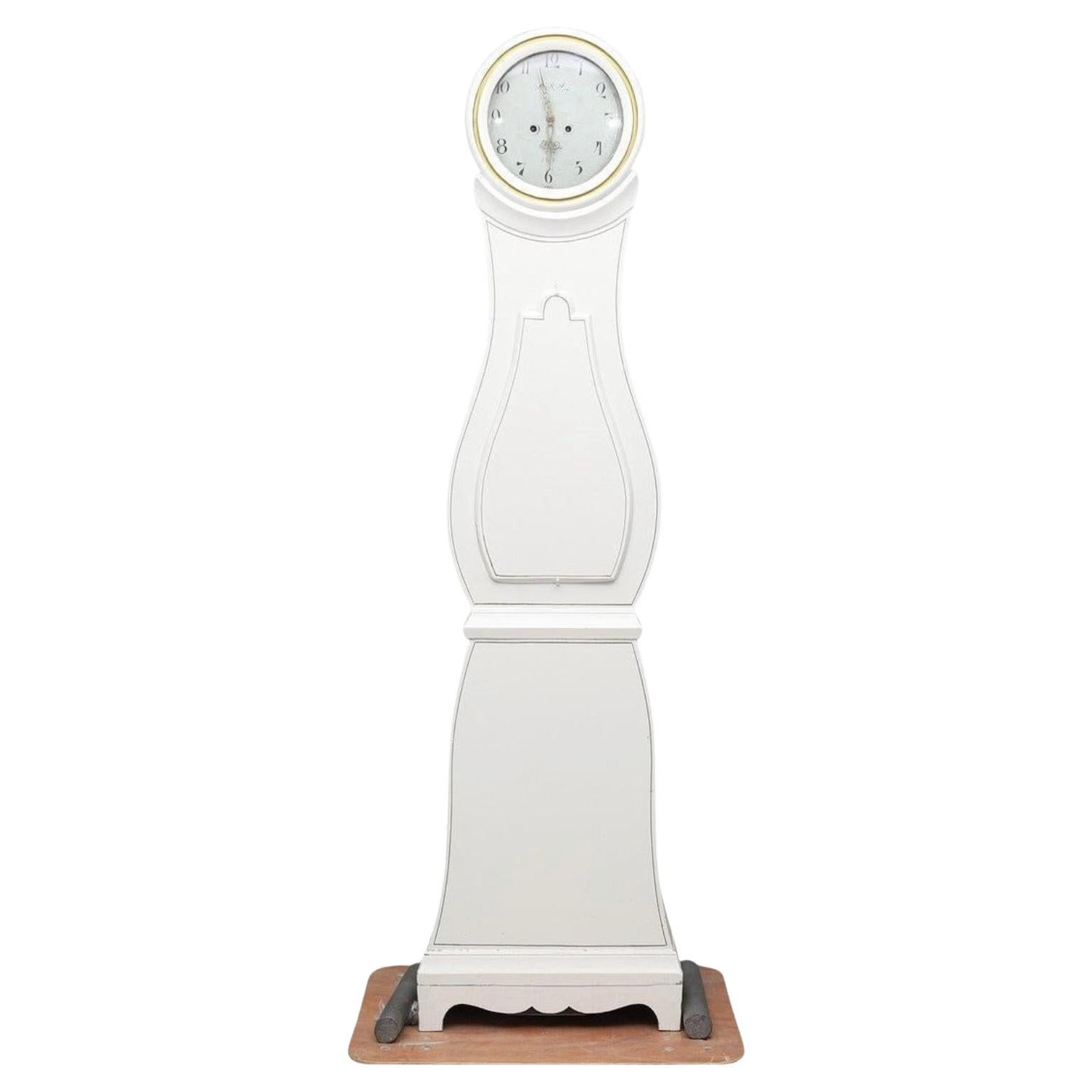 Swedish Antique Mora Clock White Early 1800s Carved Detail 203cm