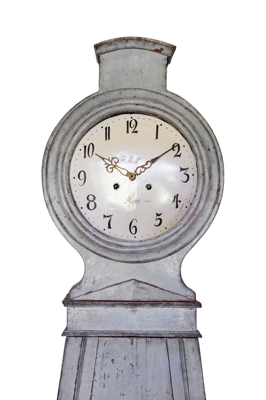 Early Victorian Swedish Antique Mora Clock White Early 1800s Carved Detail 206cm Pyramid shape