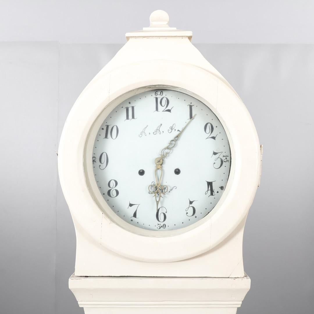 Early Victorian Swedish Antique Mora Clock White Early 1800s Carved Detail For Sale