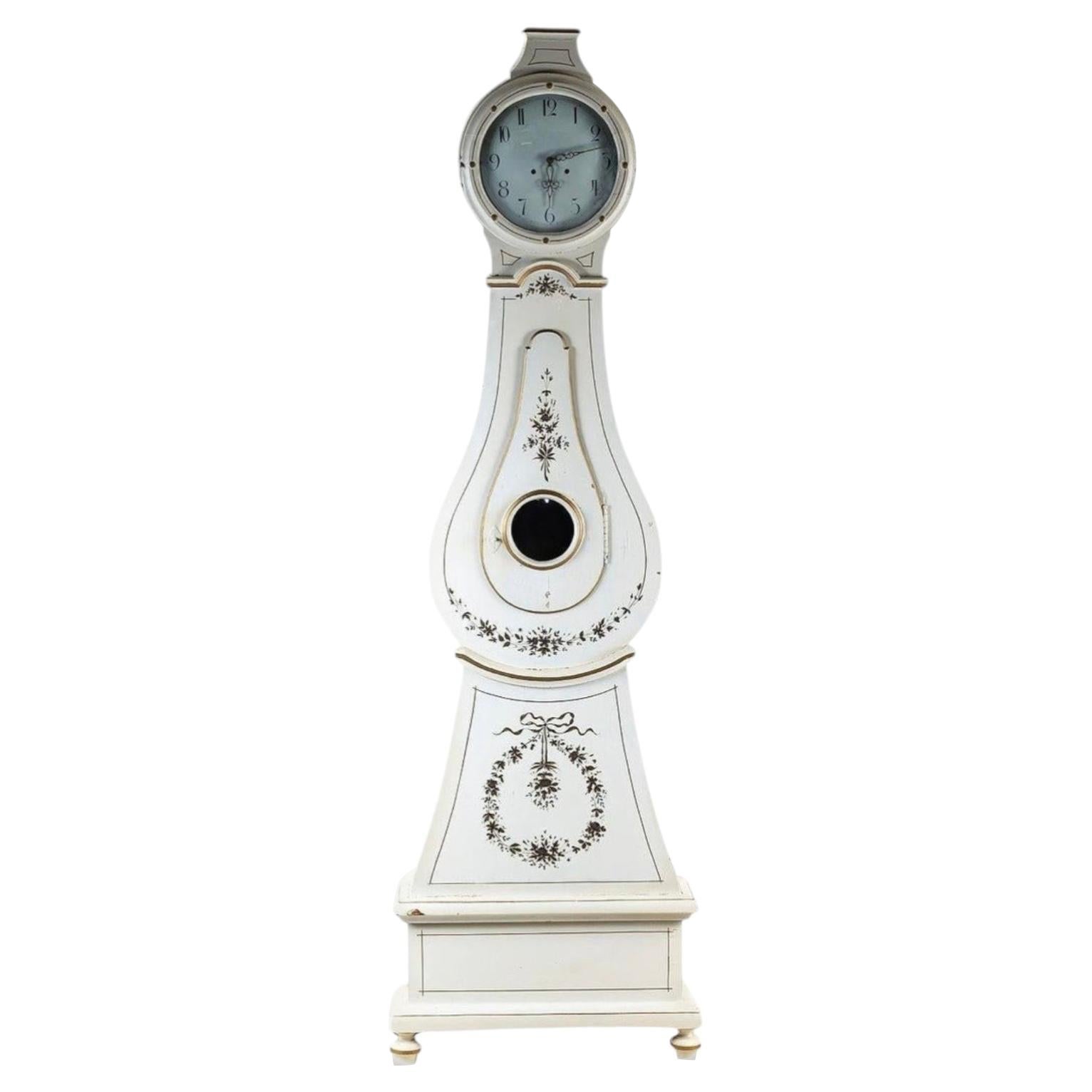 Swedish Antique Mora Clock White Early 1800s Carved Detail 218cm handpainted