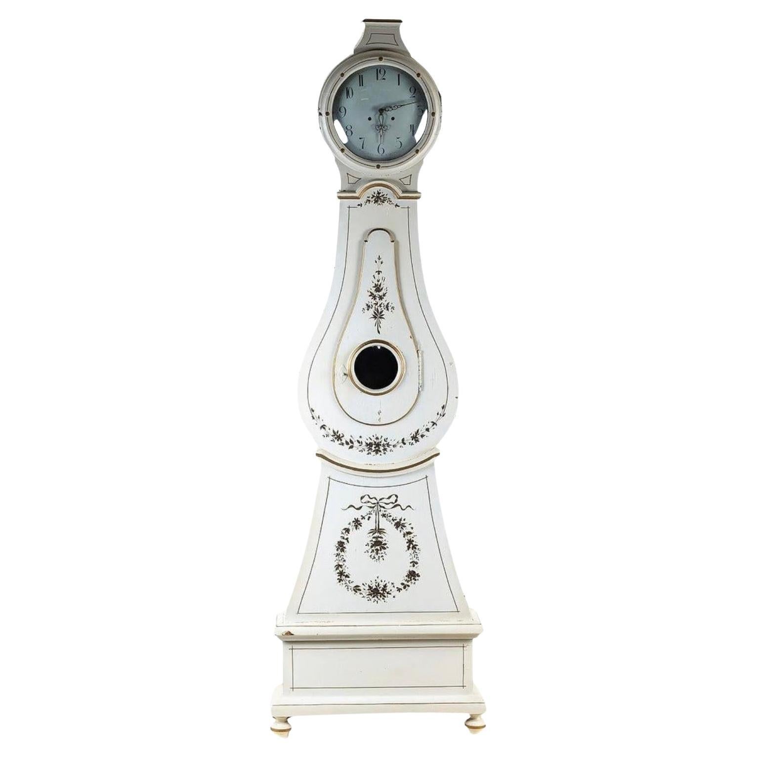 Swedish Antique Mora Clock White Early 1800s Carved Detail 218cm handpainted