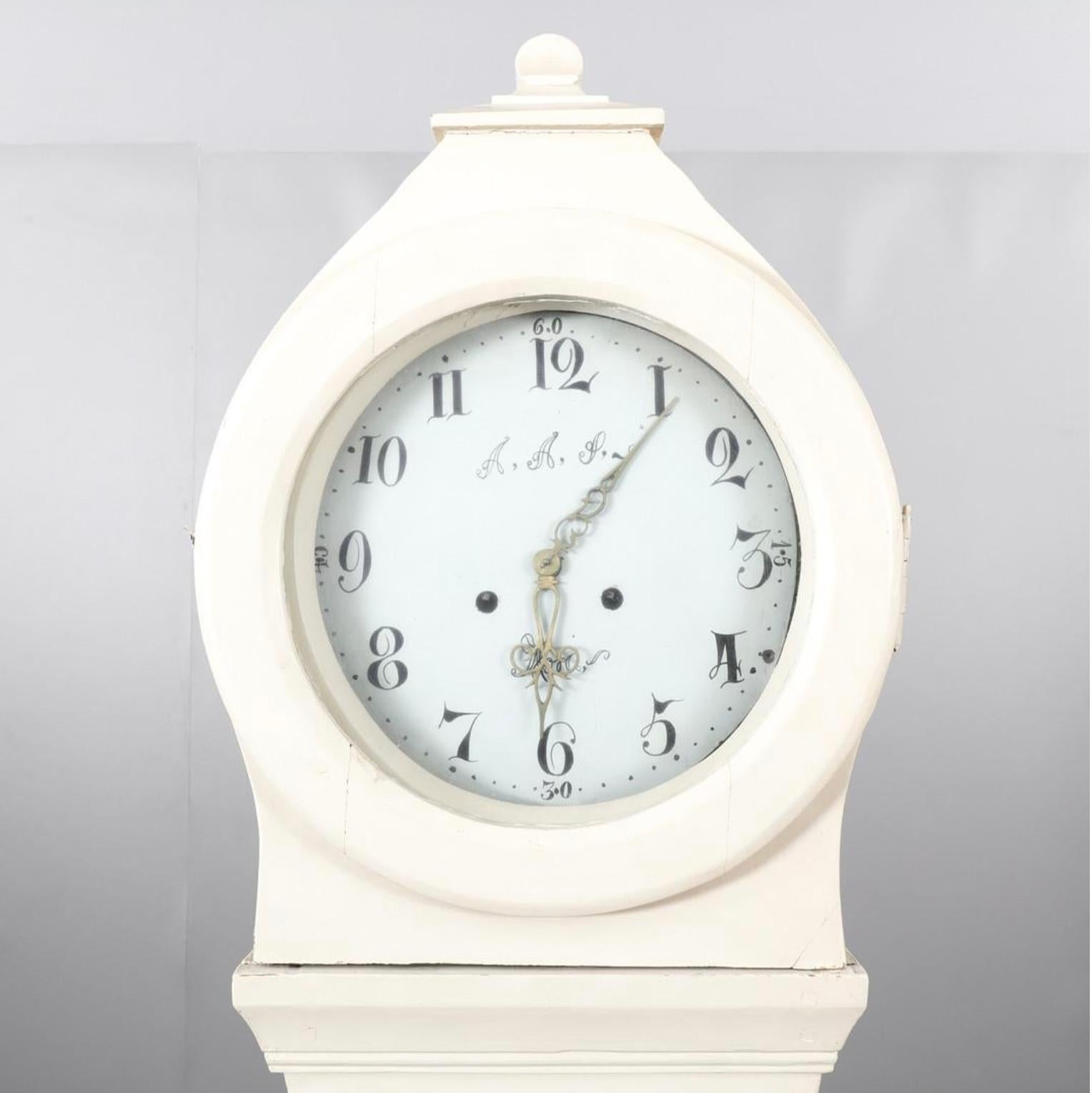 Early Victorian Swedish Antique Mora Clock White Early 1800s Carved Detail Rare For Sale