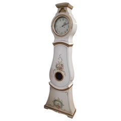 Swedish Antique Mora Clock White Gold Carved Hood Detail, Early 1800s