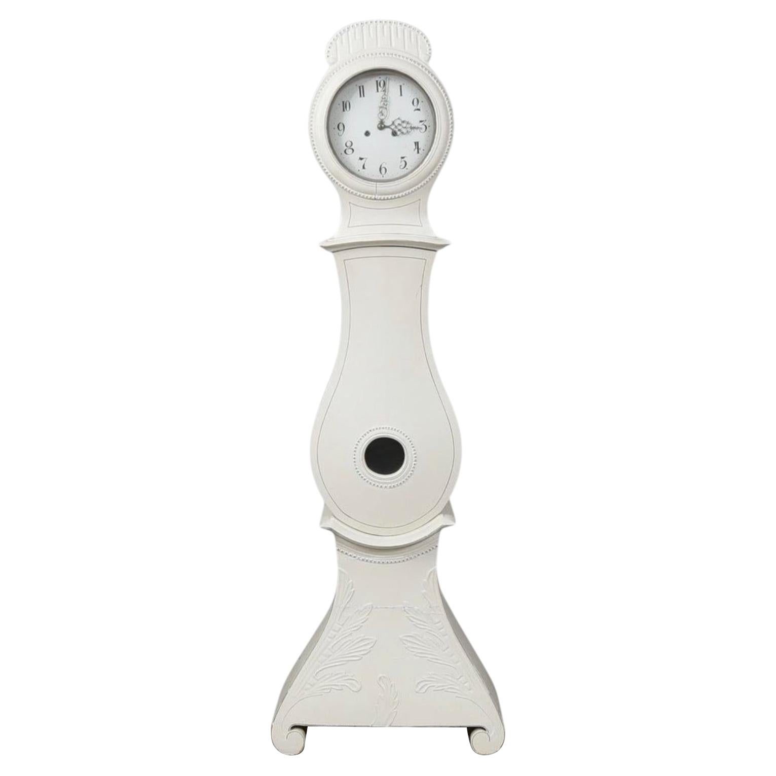 Swedish Antique Mora Clock White Paint 1800s 203cm Crowned