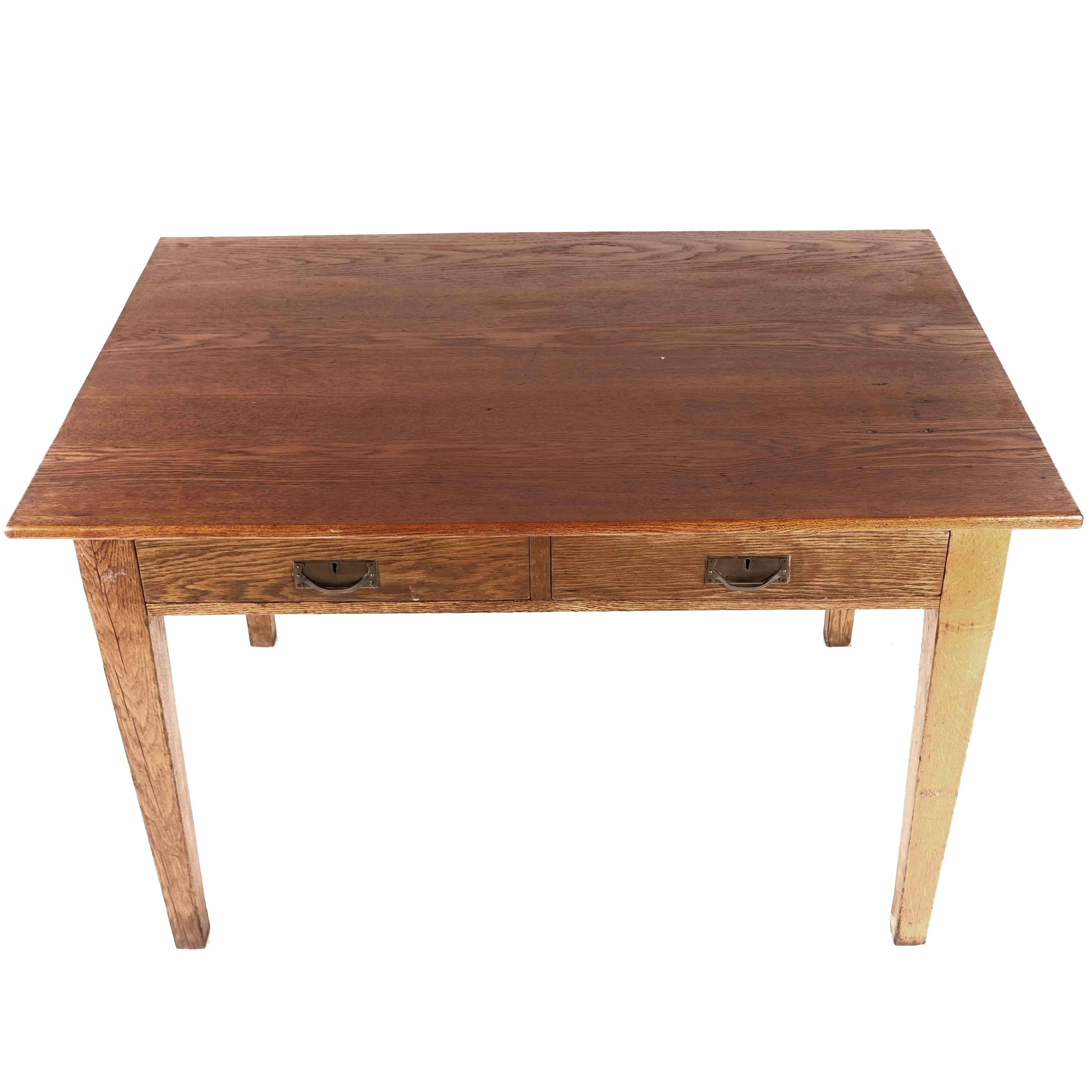 Swedish Antique Oak Kitchen Table with Two Sided Drawers For Sale