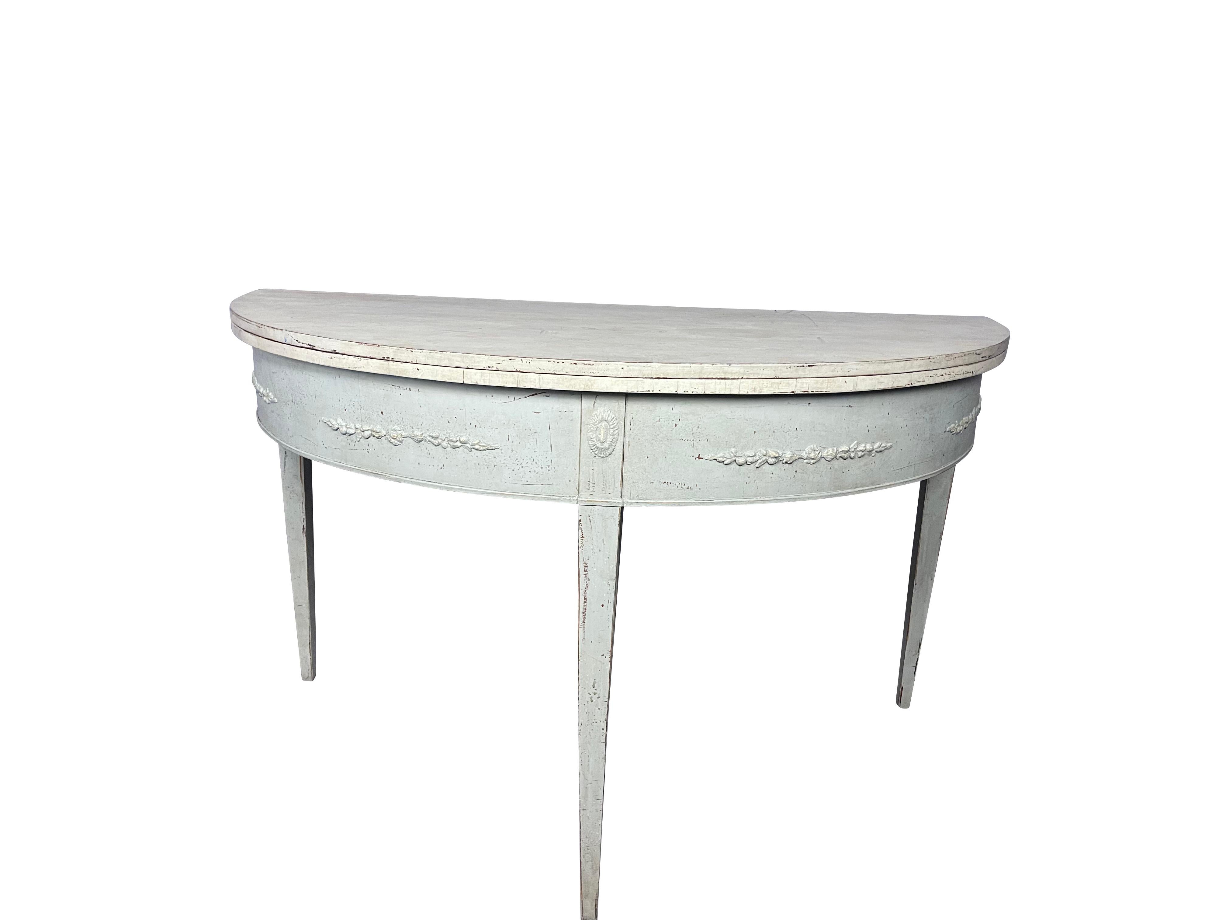 Gustavian Swedish Antique Painted Demilune/ Console Table Flip Top with Harlequin Design