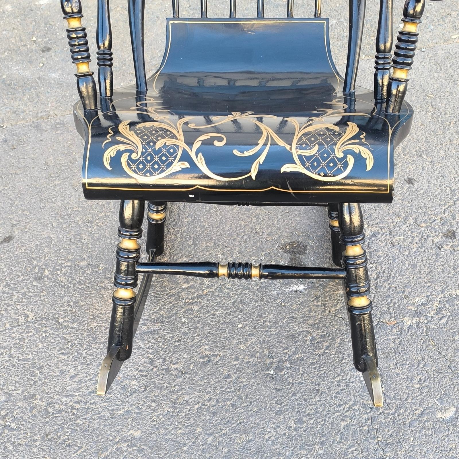 Swedish Antique Rocking Chair 6 Legs 19th Century Hand Painted Black Gold For Sale 3