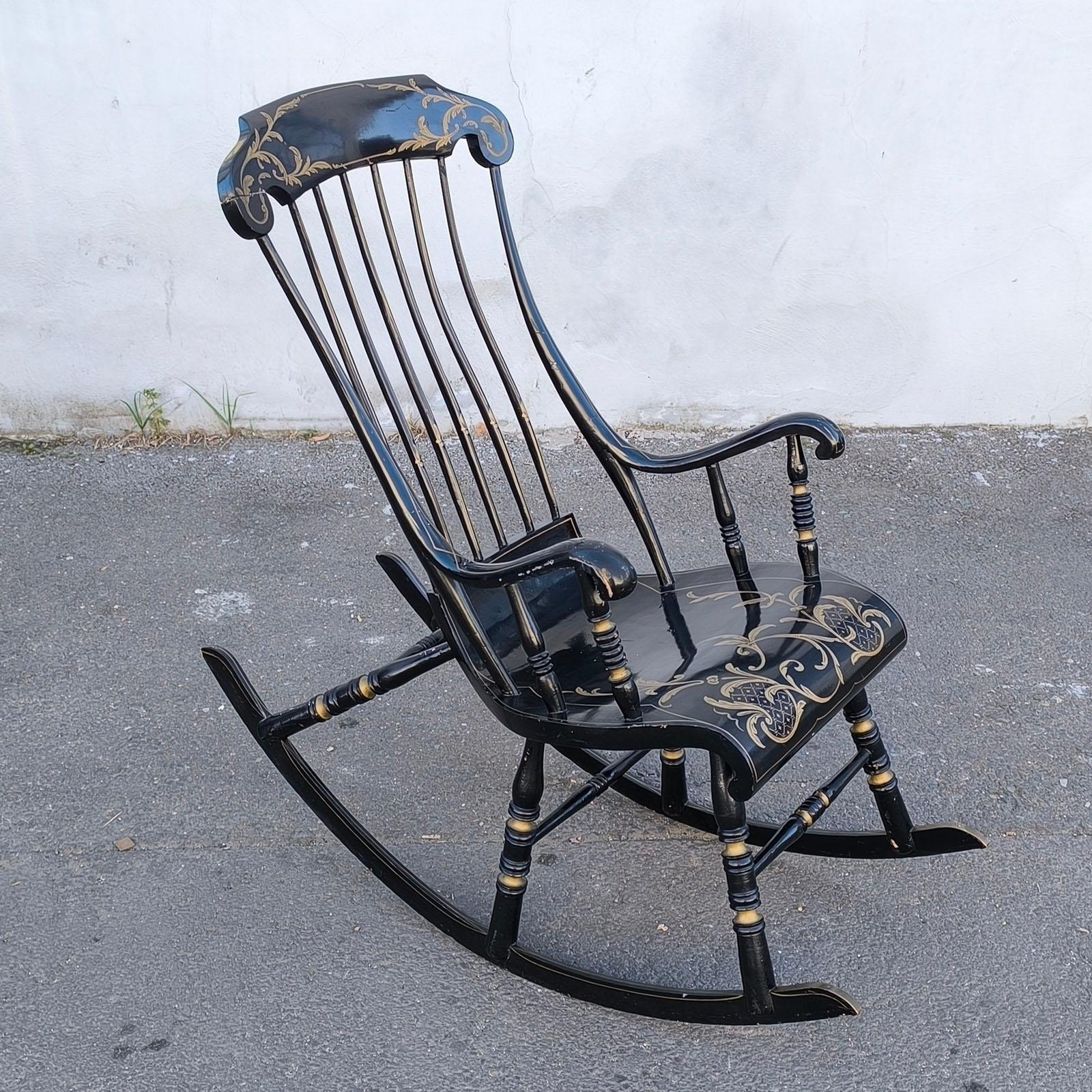 Antique Black Swedish Rocking Chair with Original Black Paint, Late 19th Century
The chair is in excellent condition, given its age and use, showing minimal signs of time and use—normal wear and tear, scratches and marks, and paint scuffs.

It is an
