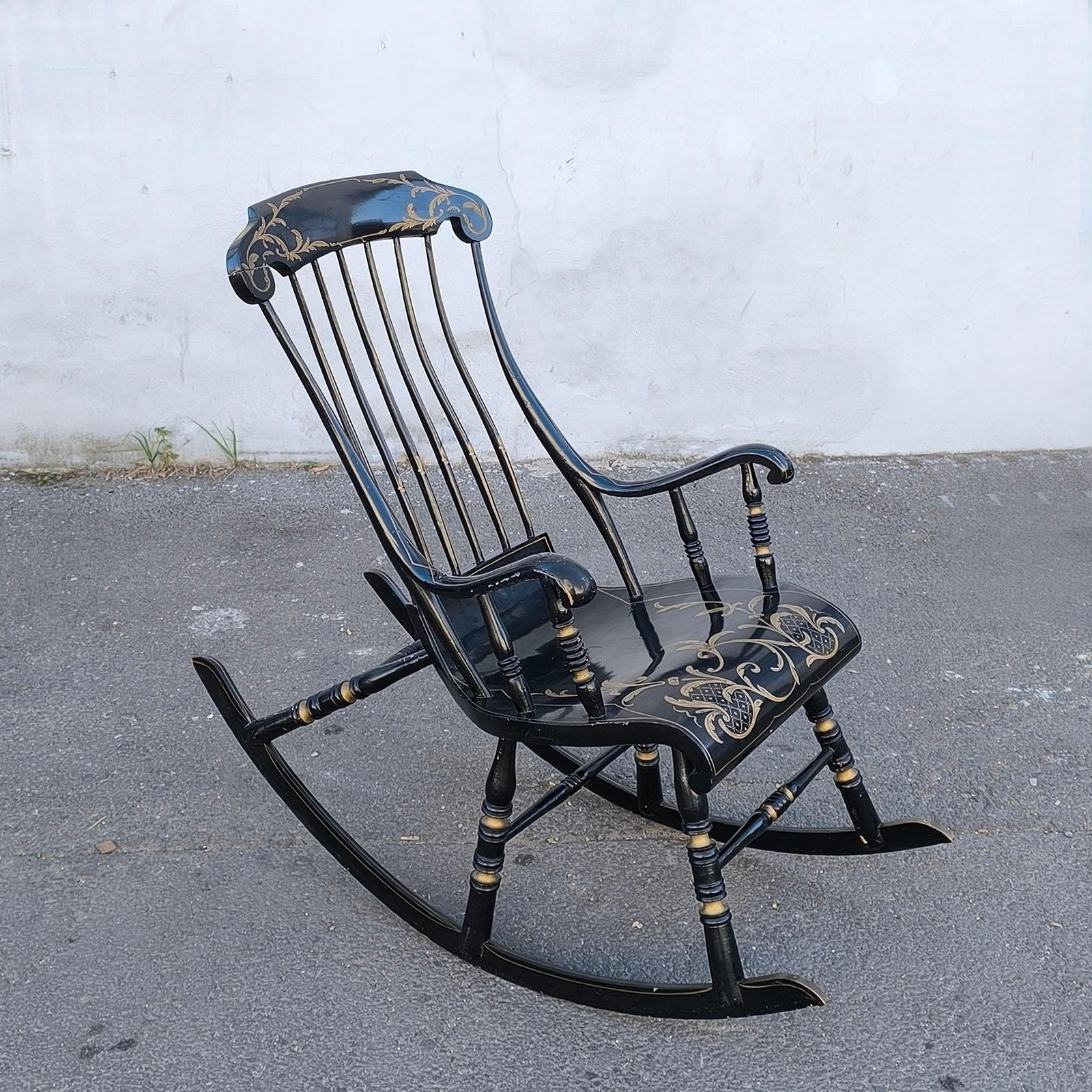 Gustavian Swedish Antique Rocking Chair 6 Legs 19th Century Hand Painted Black Gold For Sale