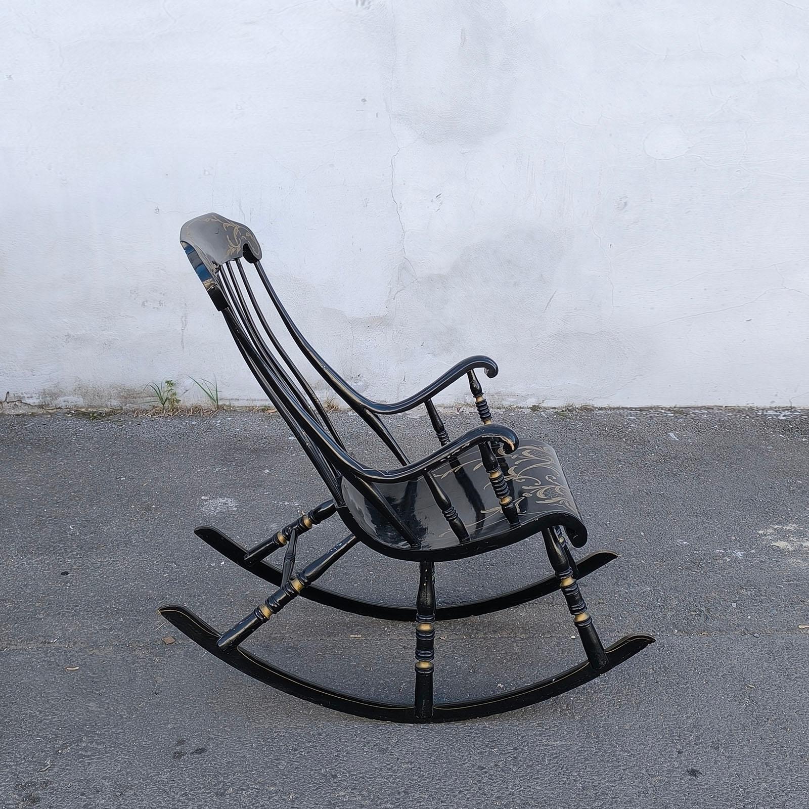 Hand-Painted Swedish Antique Rocking Chair 6 Legs 19th Century Hand Painted Black Gold For Sale