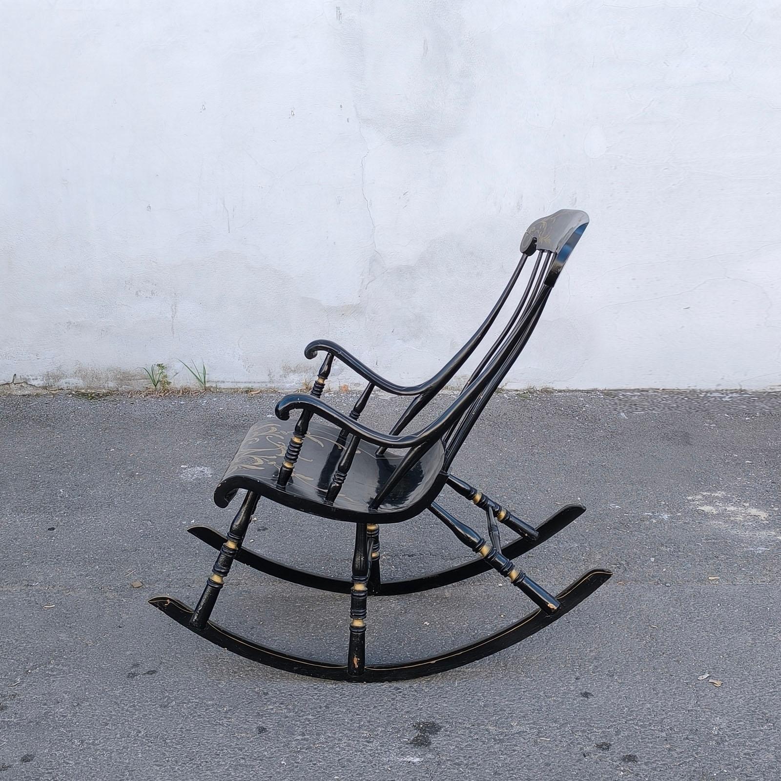 Early 20th Century Swedish Antique Rocking Chair 6 Legs 19th Century Hand Painted Black Gold For Sale