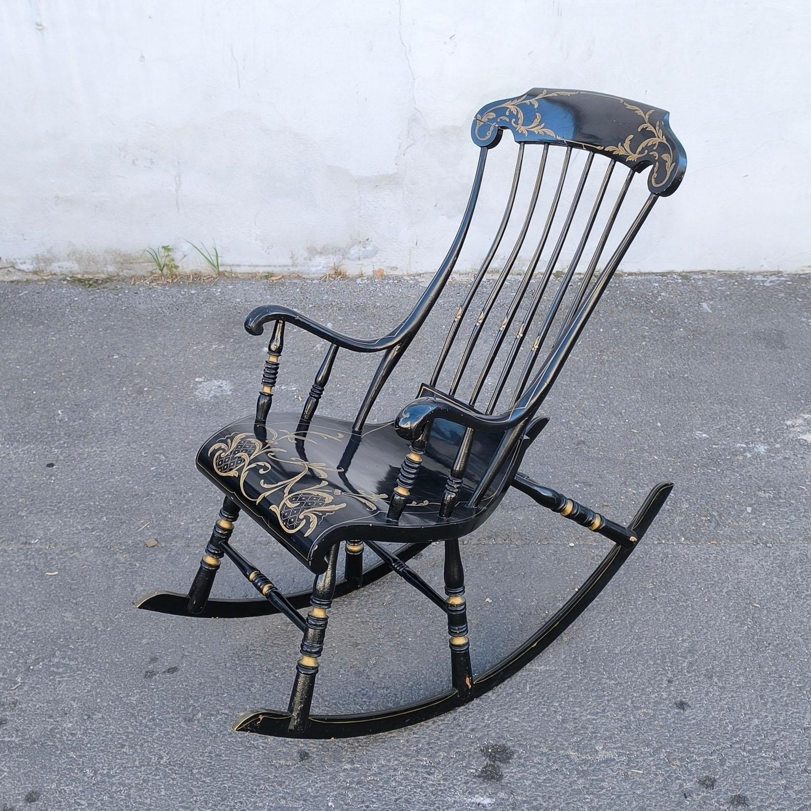 Wood Swedish Antique Rocking Chair 6 Legs 19th Century Hand Painted Black Gold For Sale