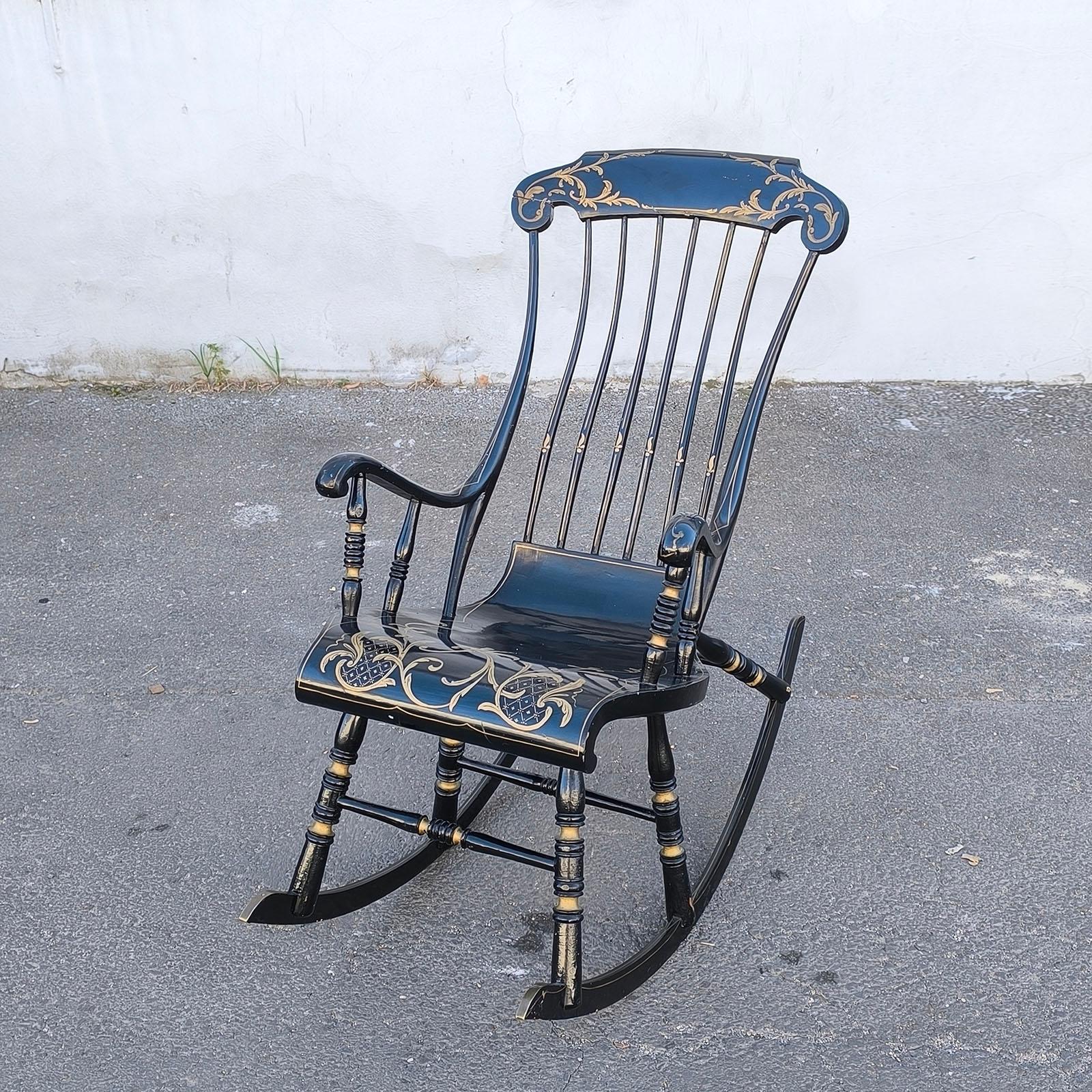 Swedish Antique Rocking Chair 6 Legs 19th Century Hand Painted Black Gold For Sale 1