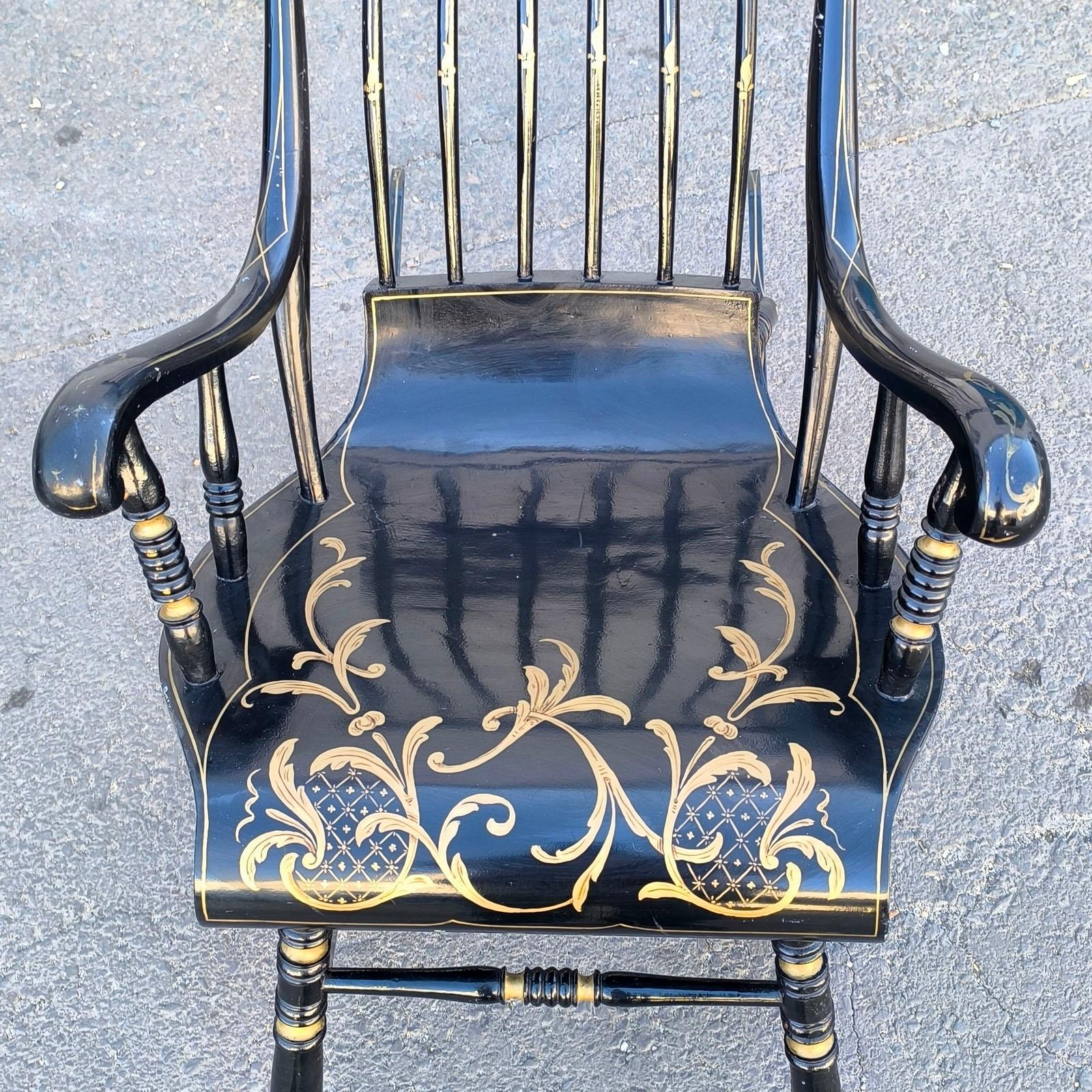 Swedish Antique Rocking Chair 6 Legs 19th Century Hand Painted Black Gold For Sale 2