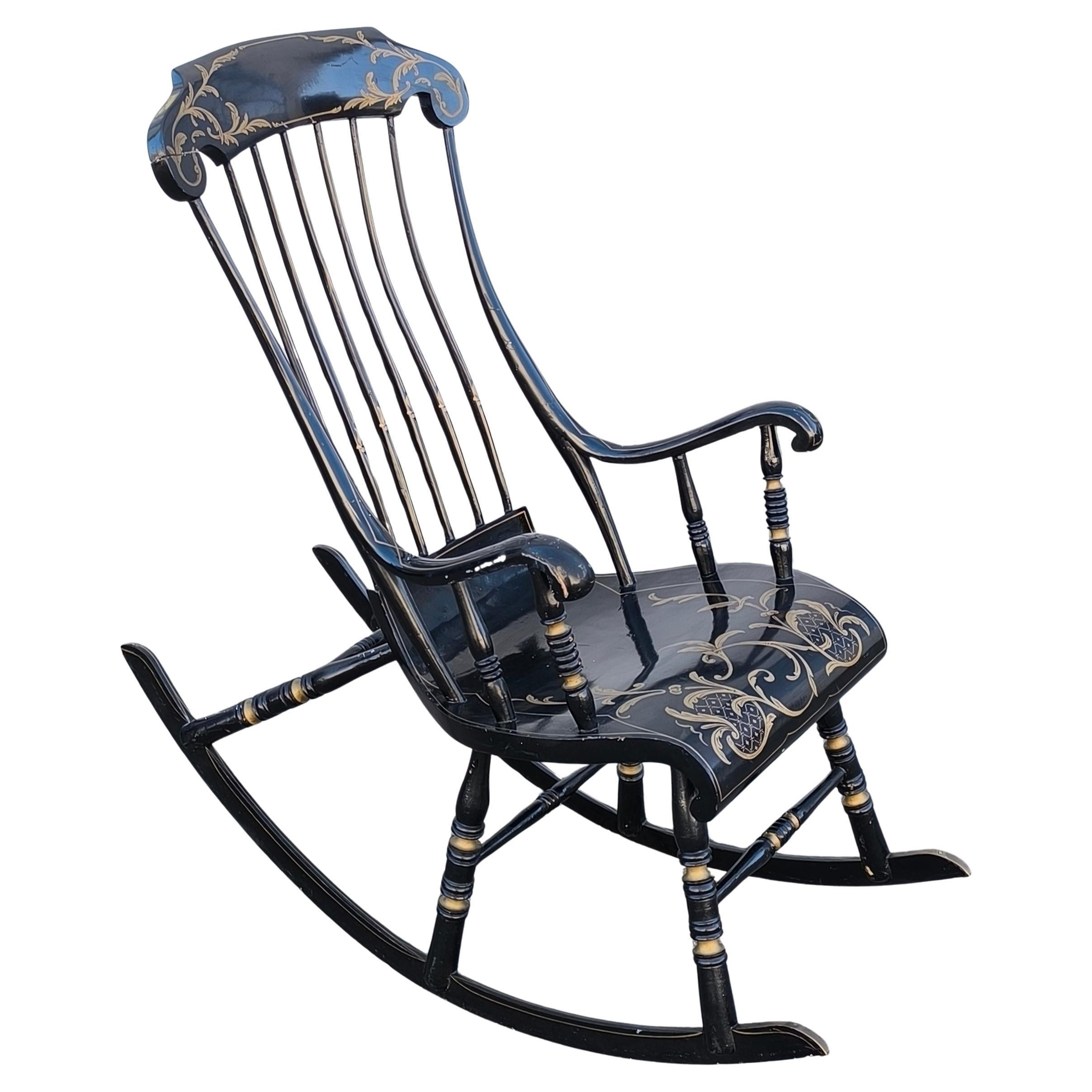 Swedish Antique Rocking Chair 6 Legs 19th Century Hand Painted Black Gold