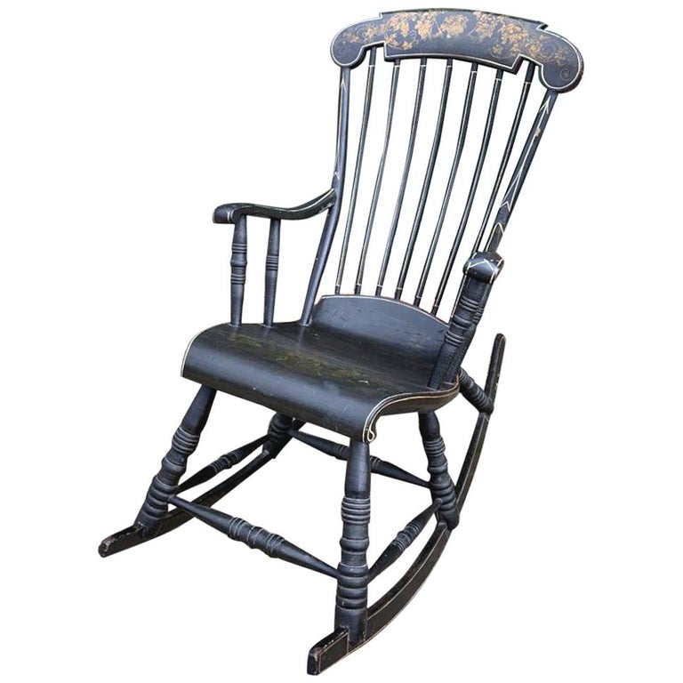 Swedish Antique Rocking Chair Gungstol 6 Leg 1800s Hand Painted Angel Black  Gold at 1stDibs