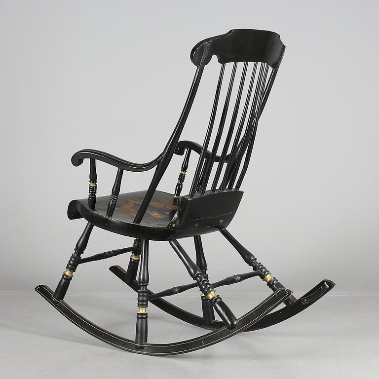 Gustavian Swedish Antique Rocking Chair Gungstol 6 Legs 1800s Hand Painted Black Gold