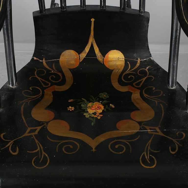 European Swedish Antique Rocking Chair Gungstol 6 Legs 1800s Hand Painted Black Gold
