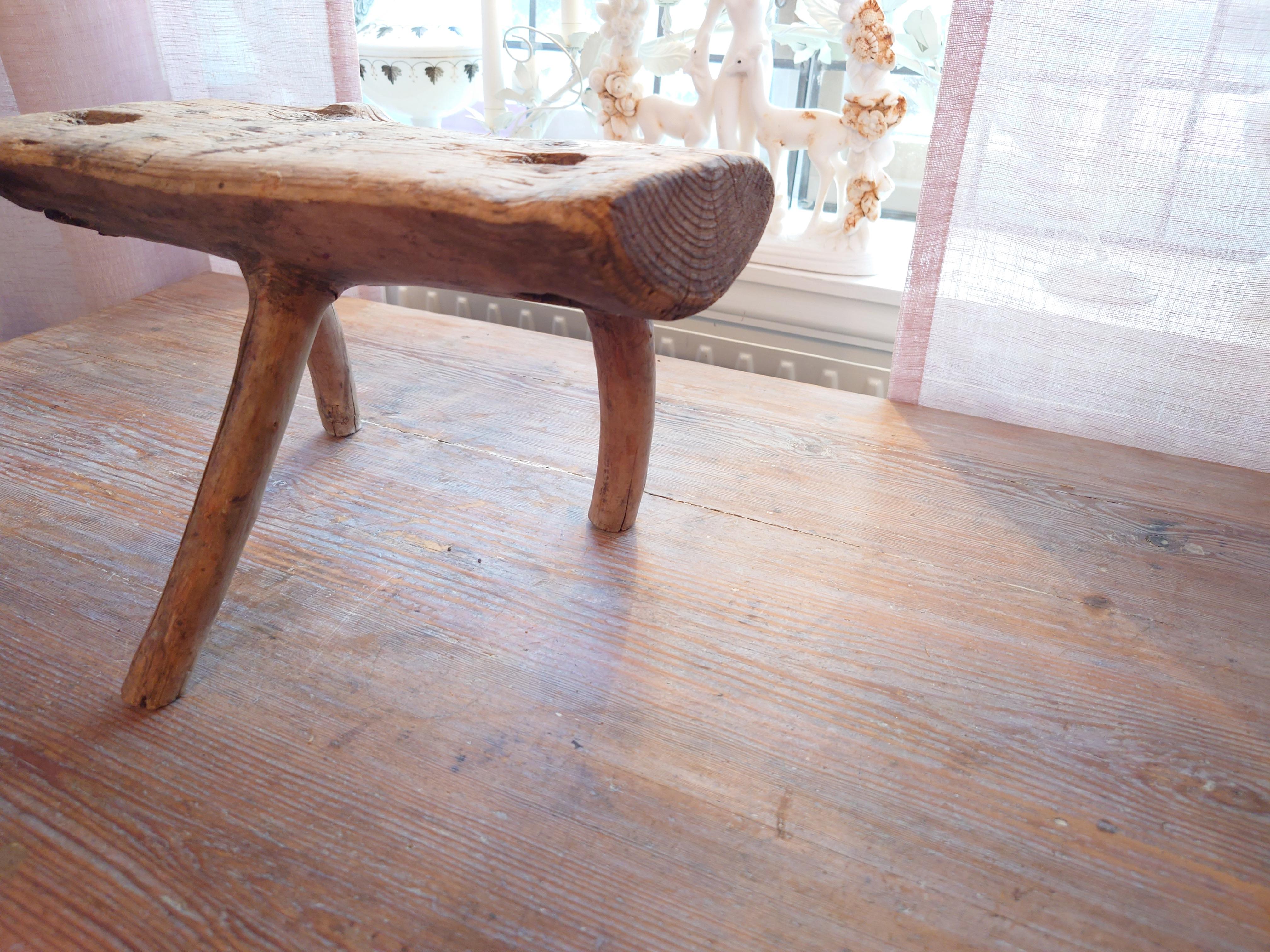 Swedish Antique rustick  genuine Primitive milking stool  pine dated  1862 In Good Condition For Sale In Boden, SE