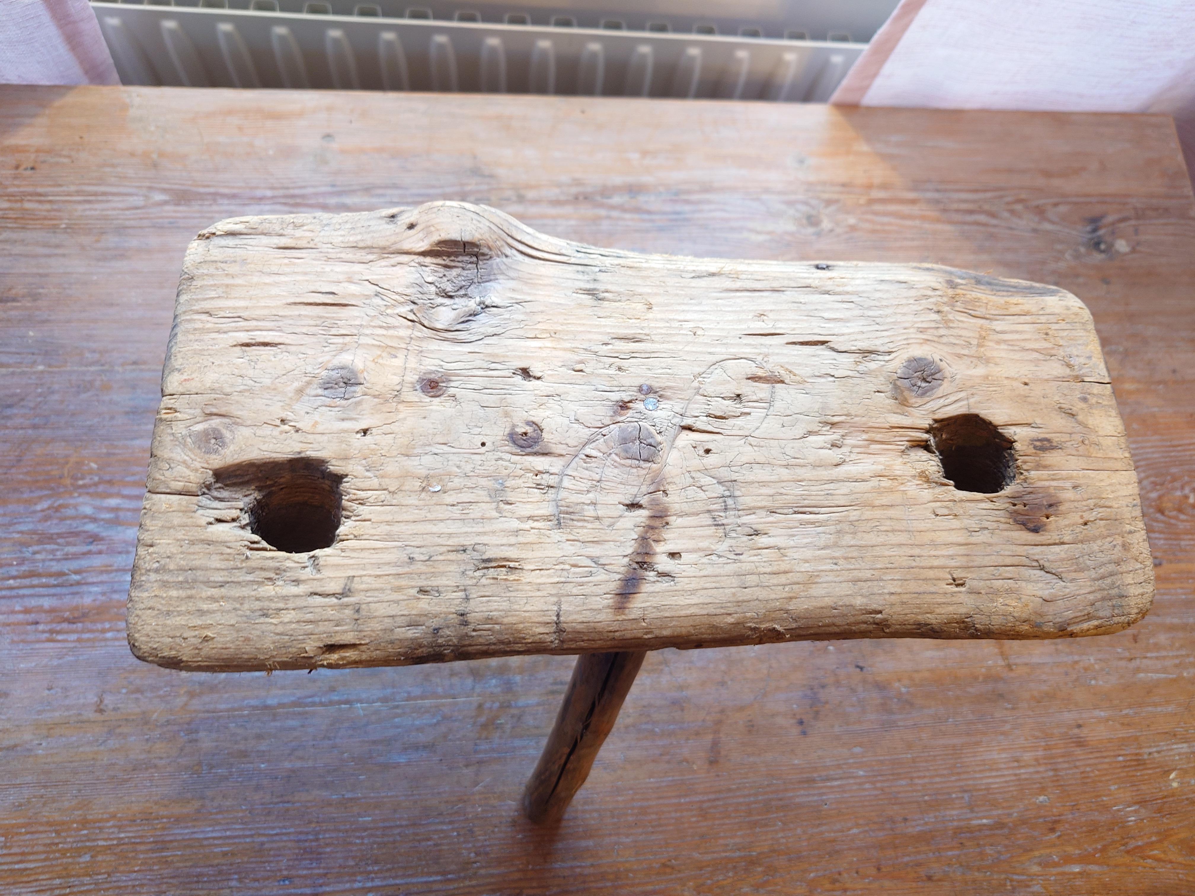 Swedish Antique rustick  genuine Primitive milking stool  pine dated  1862 For Sale 1