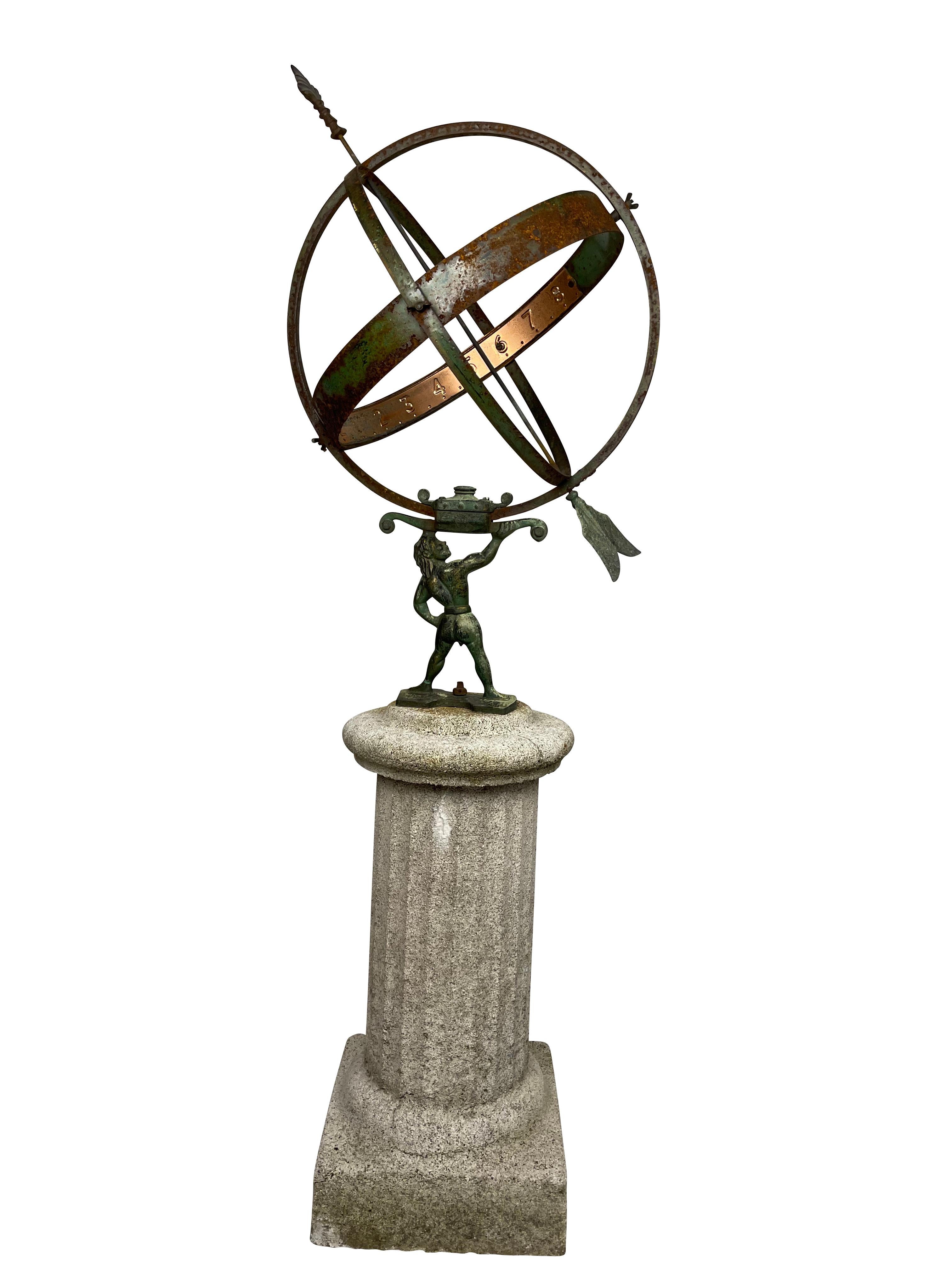 This is a vintage metal Swedish armillary of Atlas mounted on a vintage cement reeded plinth. The armillary is supported on the arm of Atlas and there is banding with copper numerals on it. Imported from Sweden. The two are a lovely pairing as a
