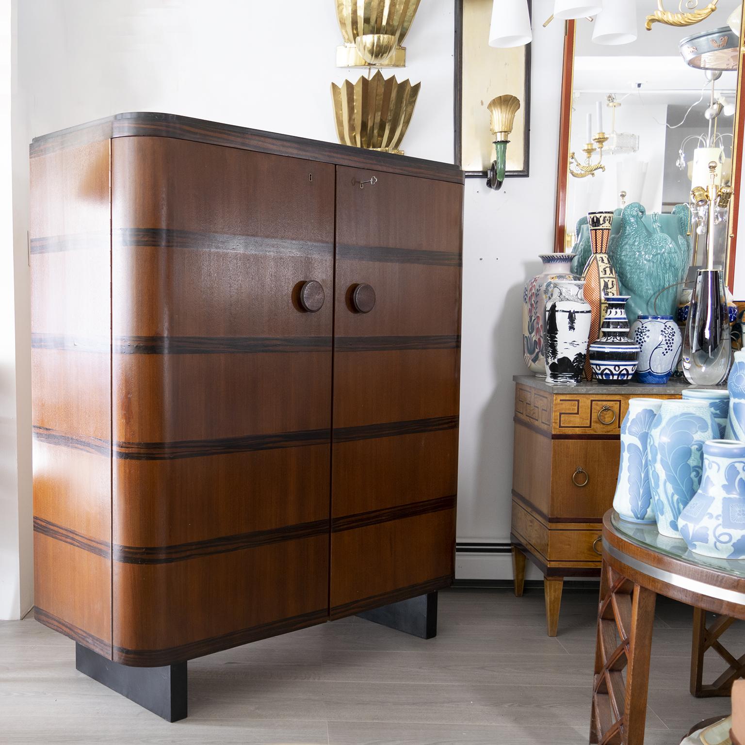 20th Century Swedish Art Deco 2-Door Cabinet Veneered in Mahogany and Palisander Ebony