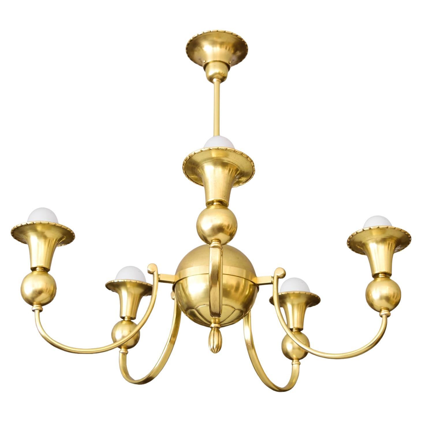 Swedish Art Deco 5-arm polished brass chandelier