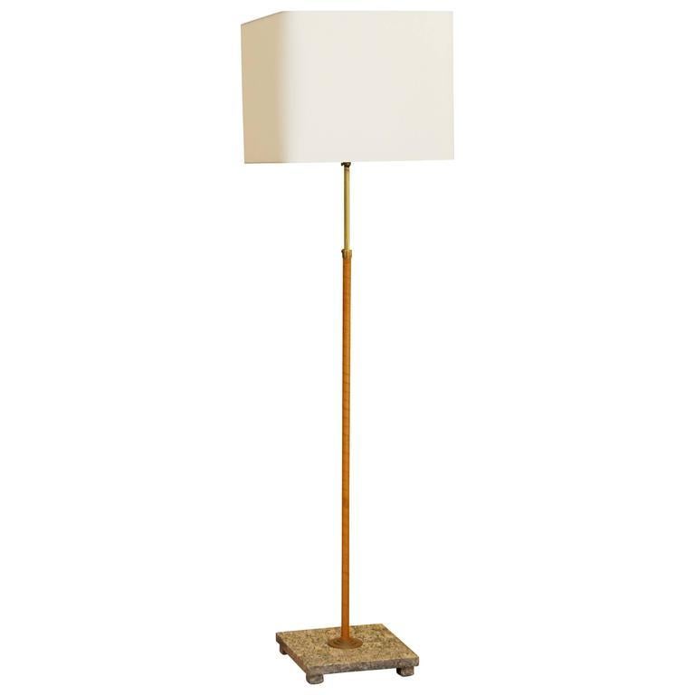 Swedish Art Deco Adjustable Standing Lamp with Birch Wrapped Brass and Granite In Excellent Condition For Sale In New York, NY