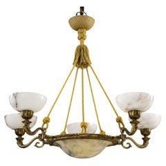 Lampadario svedese Art Deco a cinque bracci in alabastro e ottone patinato, anni '30