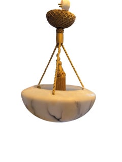 Swedish Art Deco Alabaster-Style Glass Pendant Lamp with Gilt Rope Detailing