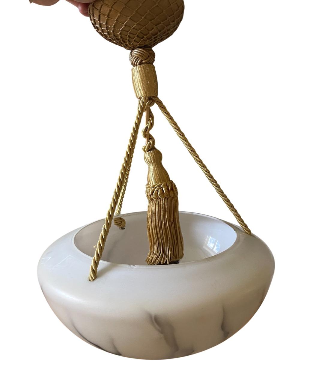 Swedish art glass glass Alabaster-Style Suspension Lamp with Gilt Rope Detailing, 19