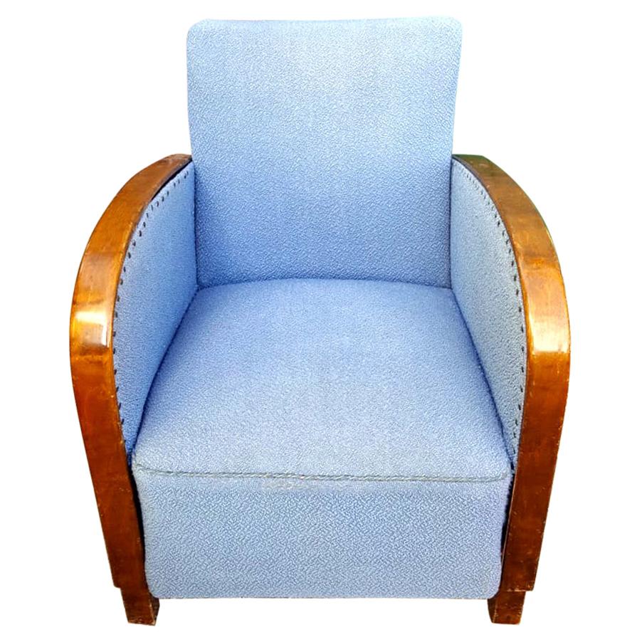 Swedish Art Deco Antique Armchair Early 20th C Golden Birch Bentwood Arms Blue