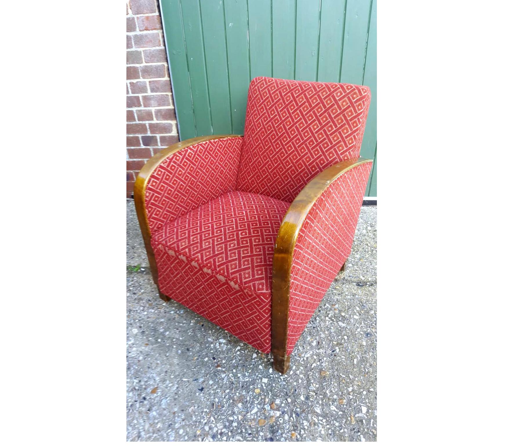 Single Swedish Art Deco armchair from the Art Deco period with golden birch bentwood arms in a rich honey color French polish finish. It is structurally sound.

The extra deep fully sprung seats on these armchairs make for a great sitting experience
