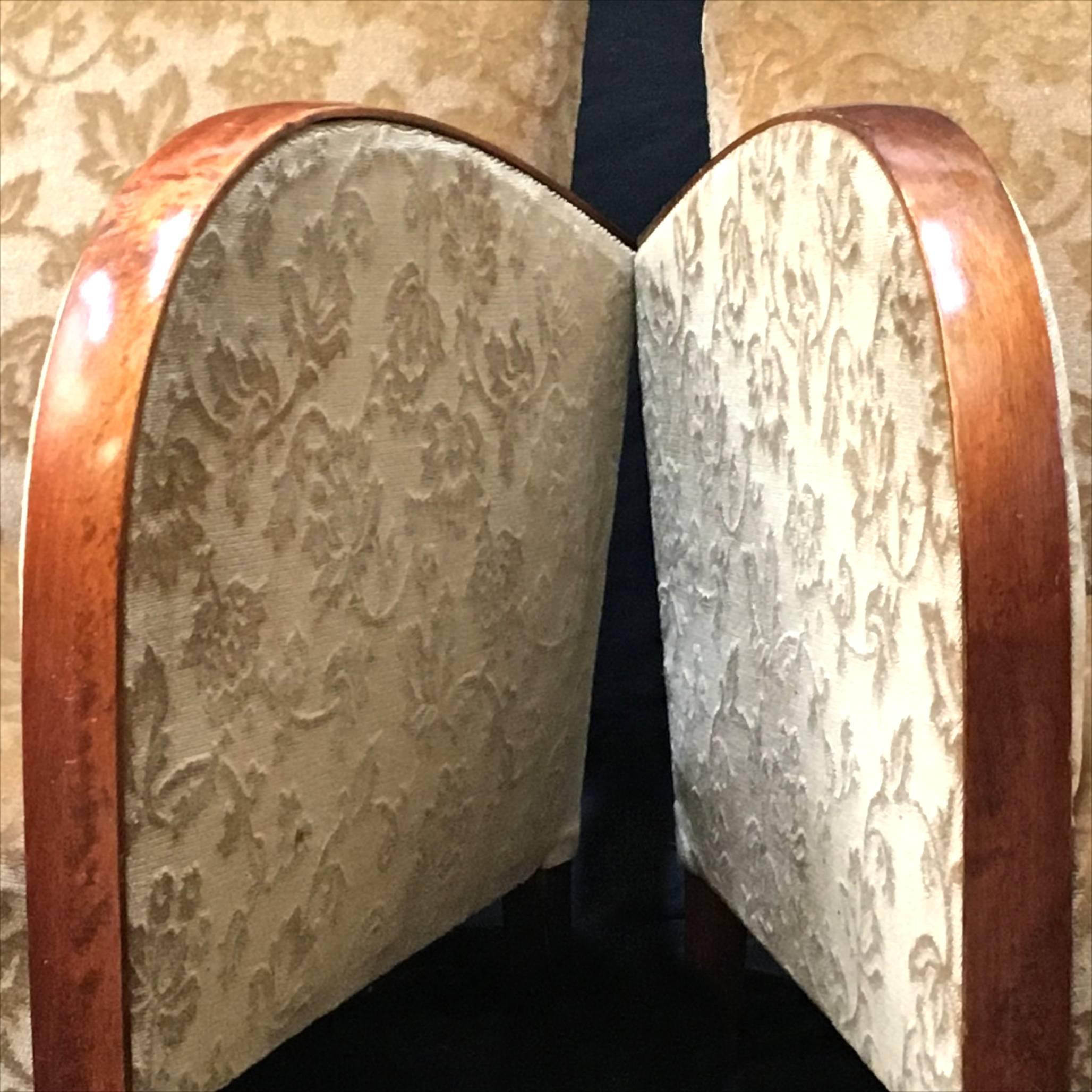 Swedish Art Deco armchairs from the Art Deco period with golden birch bentwood arms in a rich honey color French polish finish. They are structurally sound.

The extra deep fully sprung seats on these armchairs make for a great sitting experience