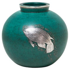 Swedish Art Deco Aquamarine and Sterling Silver Double Fish Vase, 1940's