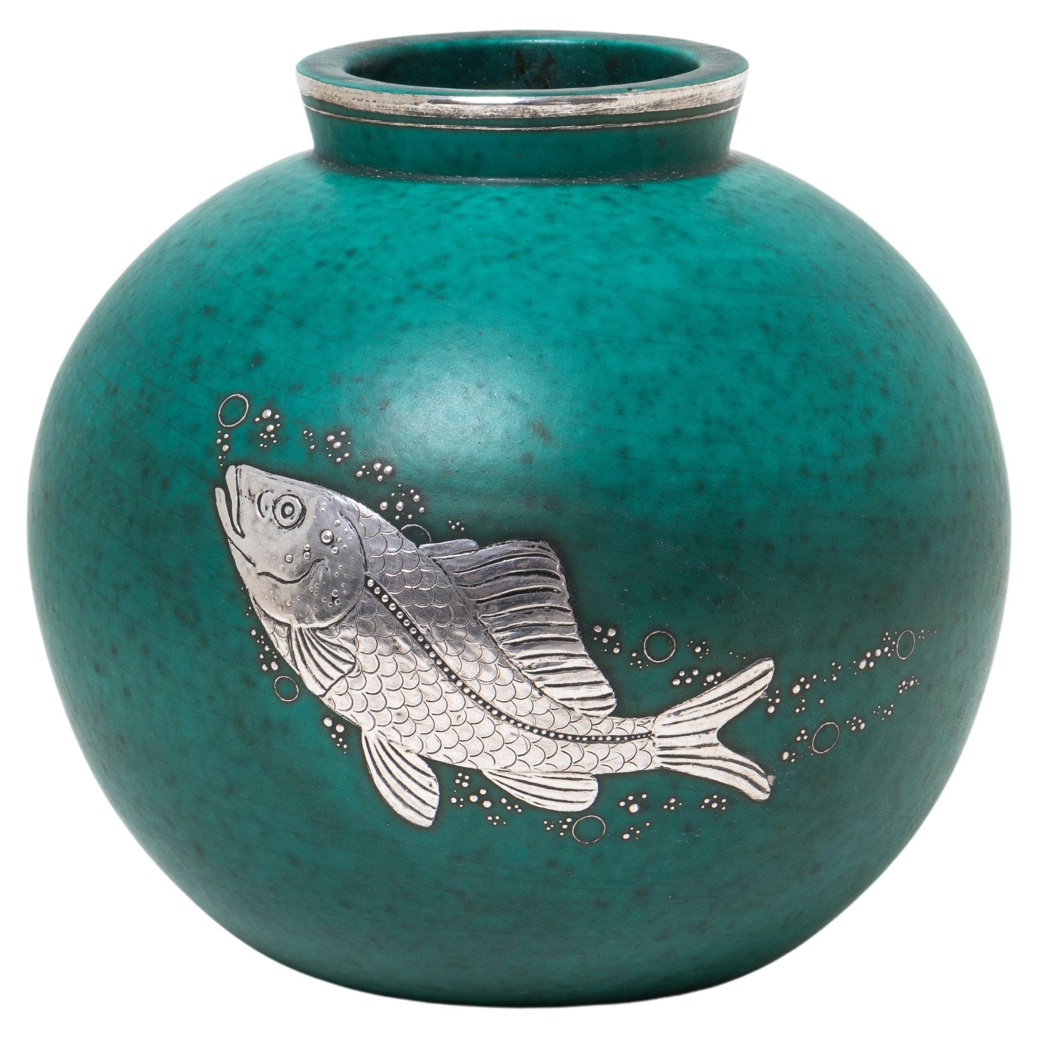 Swedish Art Deco Aquamarine and Sterling Silver Double Fish Vase, 1940's