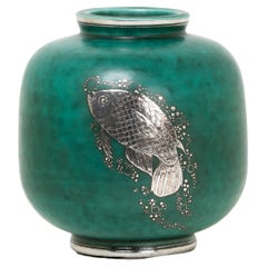 Swedish Art Deco Aquamarine Blue Vase with Silver Fish Motif, 1940s