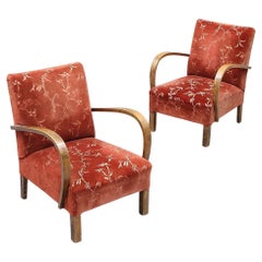 Pareja de sillones Art Decó suecos de brazos abiertos de principios de la mitad del siglo XX Color miel Rojo