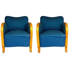 Swedish Art Deco Armchairs Pair of Club Tub Honey Color Blue Original