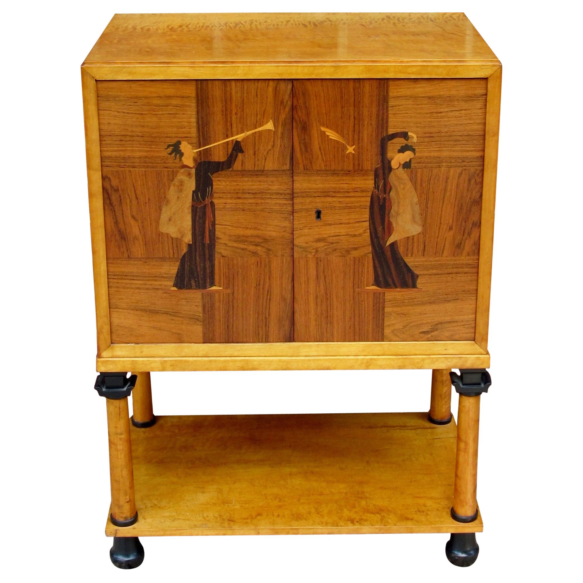 Swedish Art Deco Biedermeier Revival Bar Cabinet in Golden Birch and Rosewood  For Sale